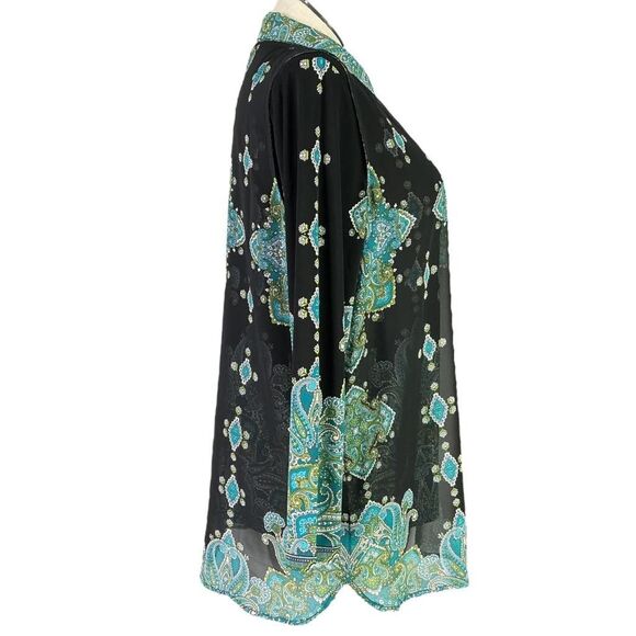 Susan Graver Button Front Vest Set Women L Black Teal Green Chiffon Knit Paisley - Picture 3 of 12